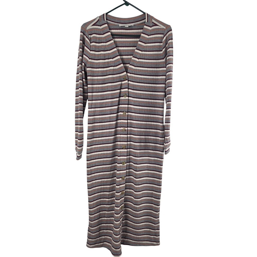 Ann Taylor Loft Long‎ Length Dress S Womens Ribbed Long Sleeve Striped Buttons